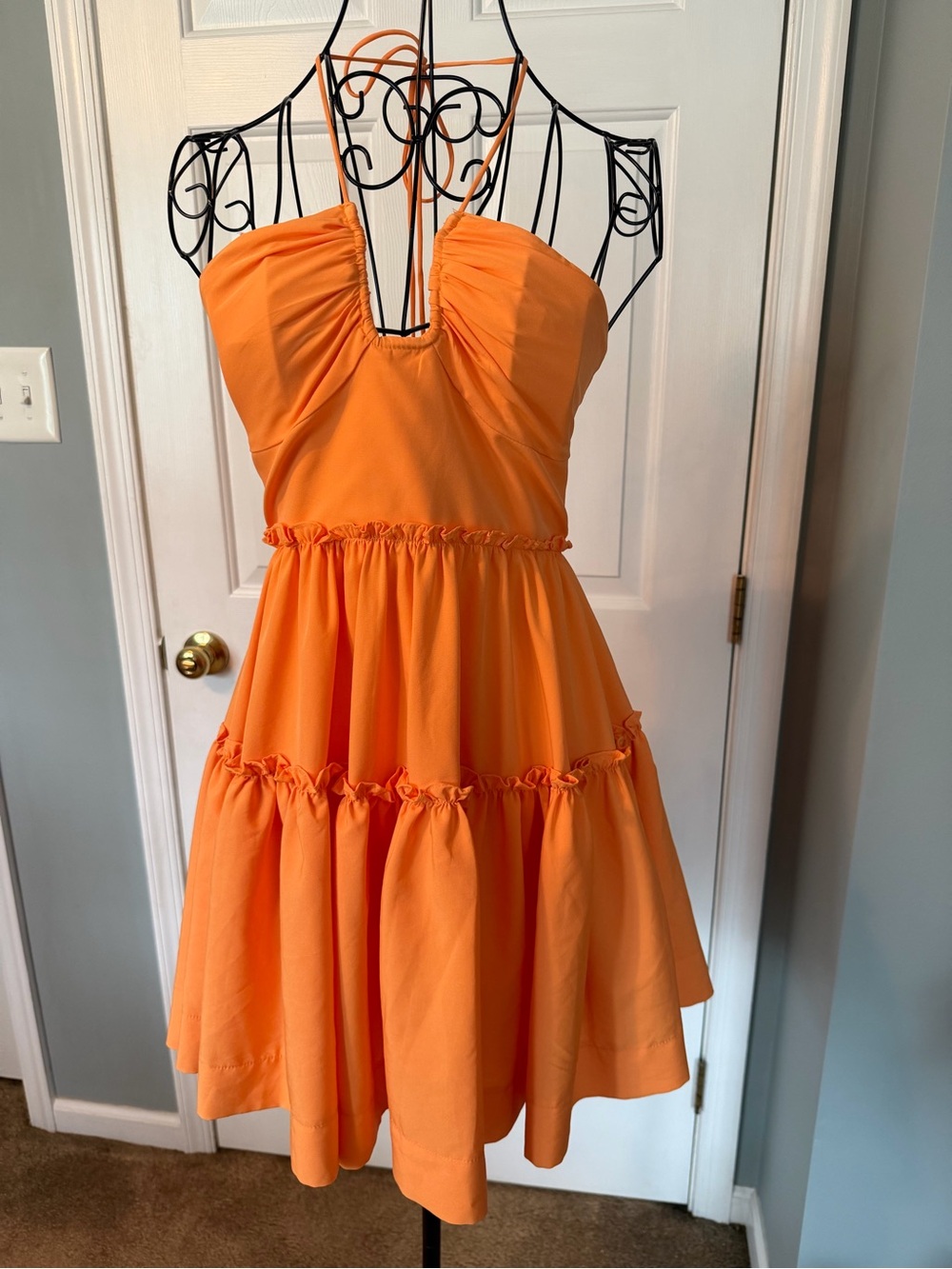 MIKA & GALA LILYWHYT Orange Tiered Ruffle Halter Mini Dress US XS / AU 6